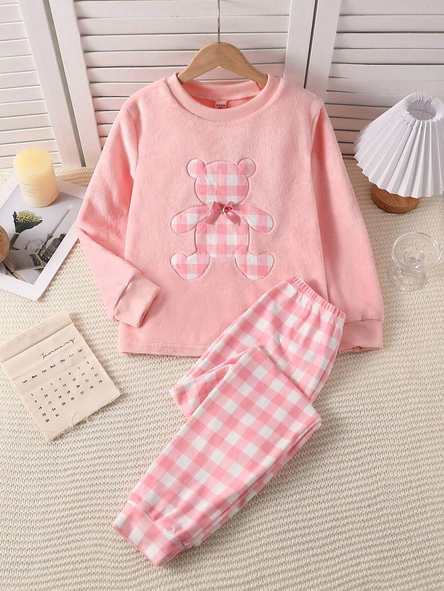 2 pièces/Set Pantalon casual à carreaux rose et blanc pour préadolescentes et Top à manches longues matelassé avec broderie à carreaux, vêtements d'intérieur confortables pour l'automne/l'hiver