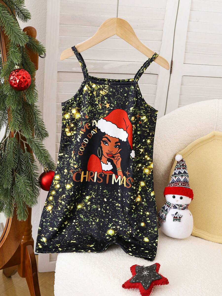 SHEIN Robe de Noël pour jeunes filles, robe de fête à imprimé graphique avec message de Noël sans manches pour tout-petit en noir, nouvelle arrivée pour l'automne