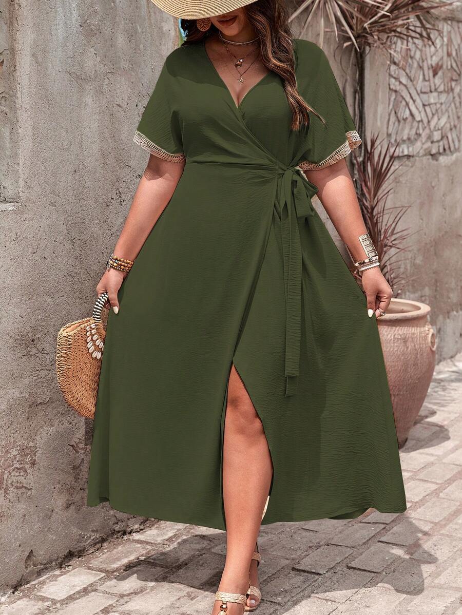 Franclia Plus Size Vacation Casual Contrast Lace Tie-Up Wrap Dress