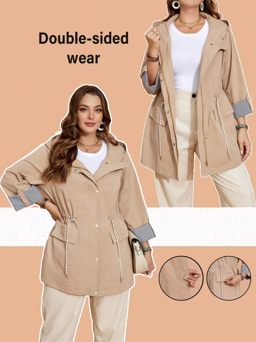 EMERY ROSE Plus Size Fall Khaki Casual Contrast Stripe Drawstring Hooded Trench Women Coat Jacket,Fall Women Clothes