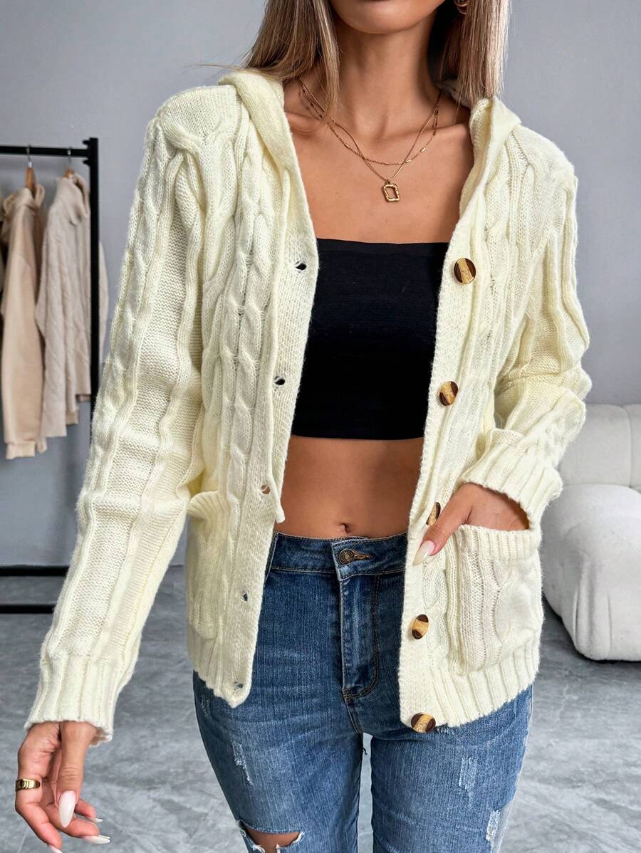 SHEIN LUNE Casual Solid Color Hooded Cardigan With Dual Pockets, Spring Autumn