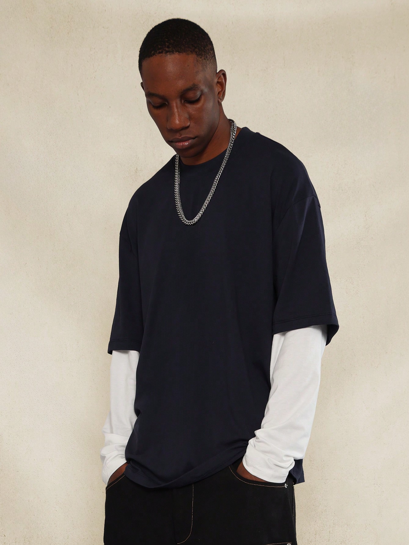 Regular Fit Double Layer Long Sleeve Tee With Contrast