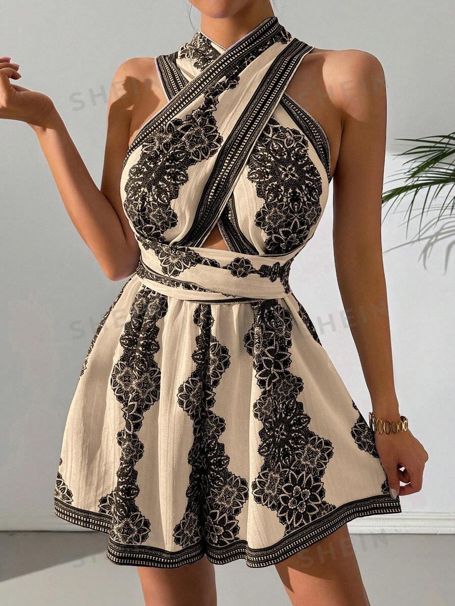 Calvaya 1 pieza Mono de estilo vintage con estampado y diseño de cruce para mujer