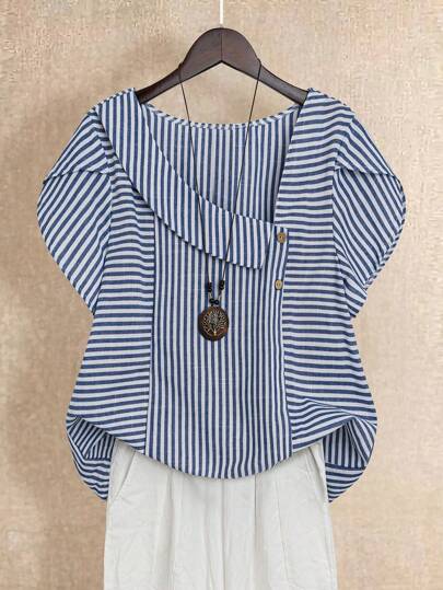 Joress Plus Size Casual Striped Asymmetric Collar Shirt, Summer