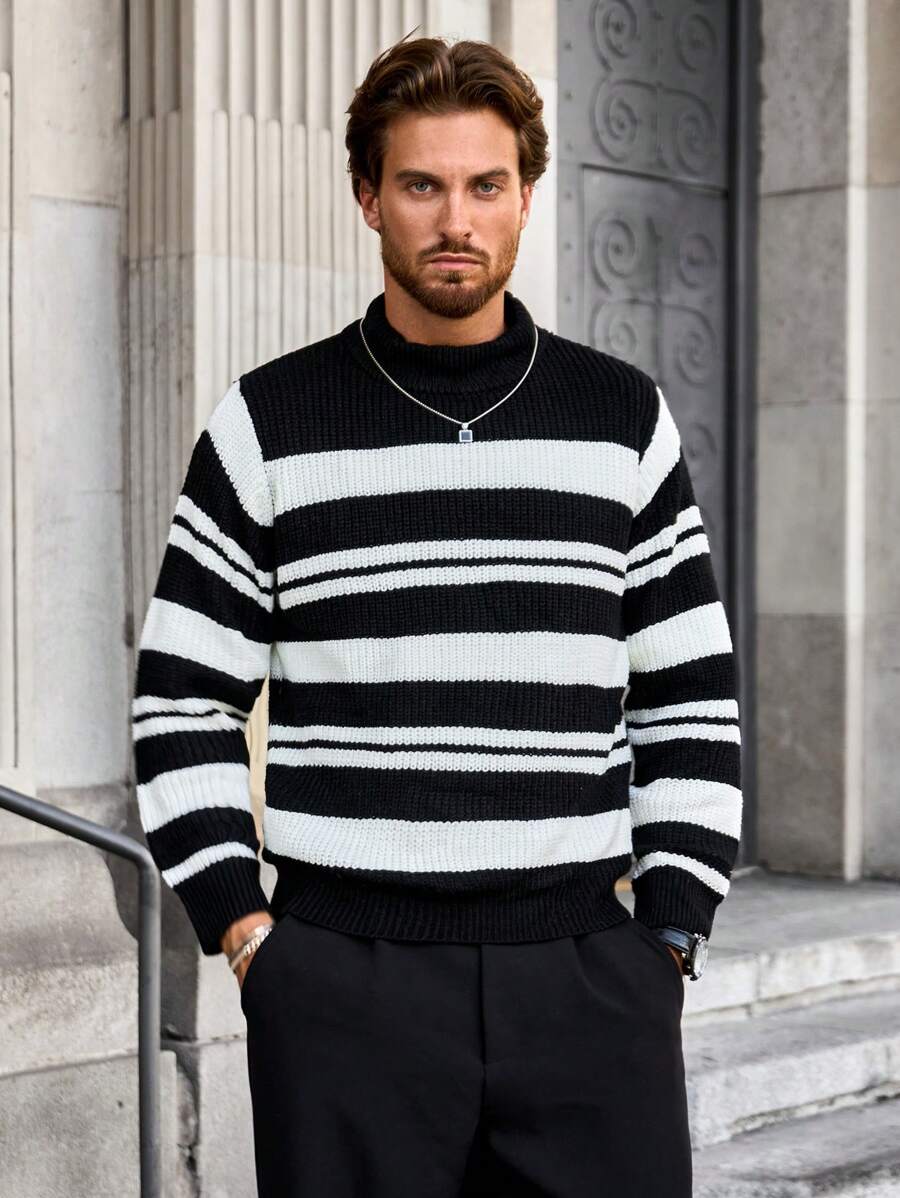 Manfinity Homme Jersey de cuello alto con estampado de rayas blanco y negro