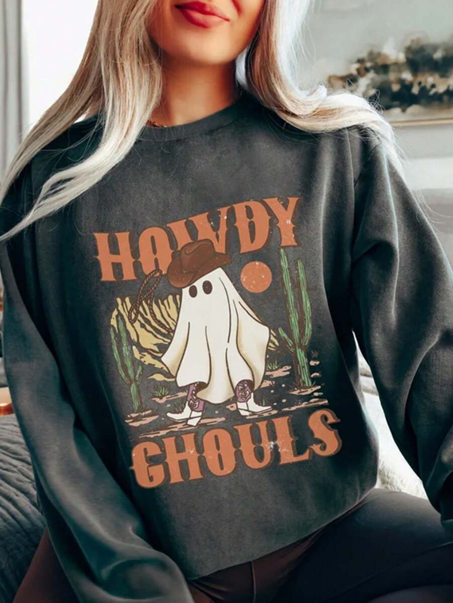 SHEIN LUNE Plus Size Crew Neck Long Sleeve Letter Print Minimalist Halloween Sweatshirt, Casual Daily Wear