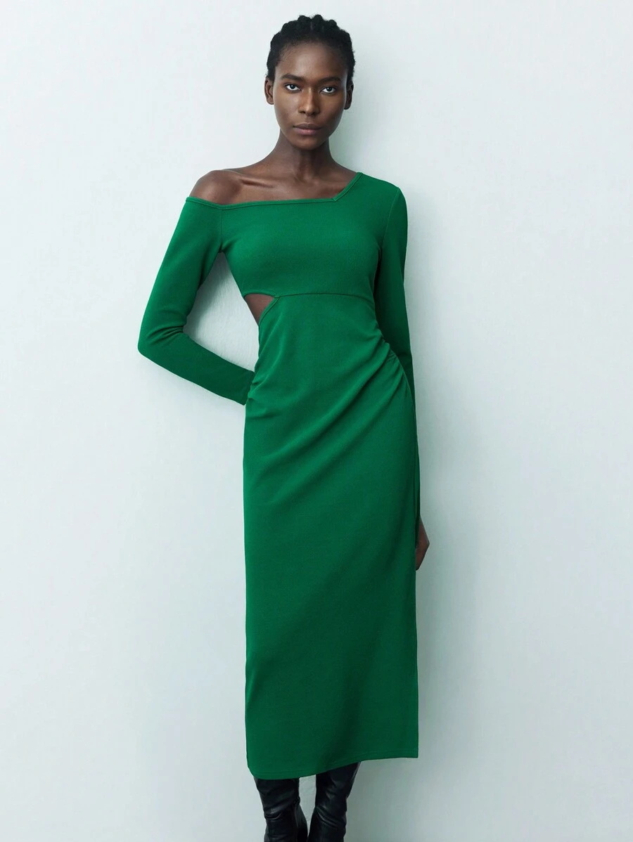 Maija Women's Solid Color Asymmetrical Neckline Long Sleeve Dress Classy Green Dress Elegant Knitted Dress