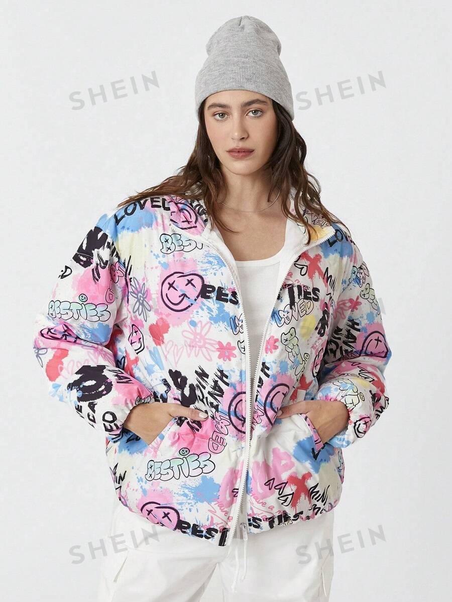 SHEIN EZwear Abrigo acolchado corto holgado con capucha, de patrón de teñido anudado y grafiti, informal de otoño invierno