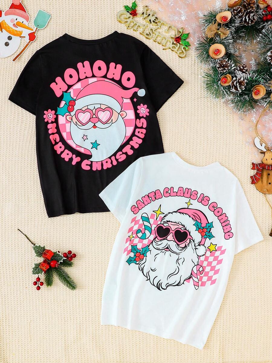 2 peças Tween Girl Natal Papai Noel Imprimir Costas Manga Curta Outfit