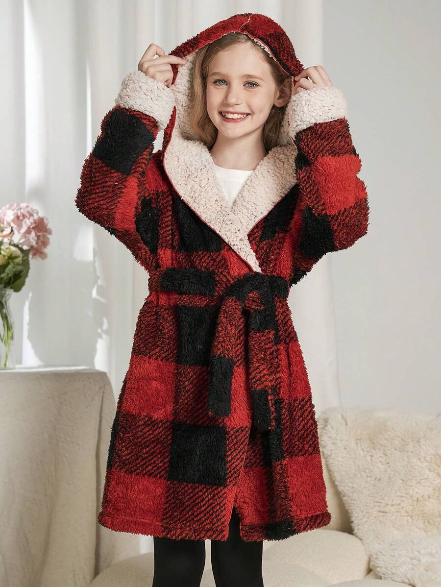 SHEIN Meisjes Casual Warm 2024 Kerstmis & Nieuwjaar Plaid Fleece Capuchonjack voor Tween