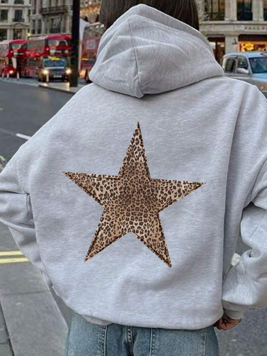 INAWLY Sudadera con capucha de felpa con cordón, estampado de leopardo y estrella, informal, para otoño/invierno, de manga larga