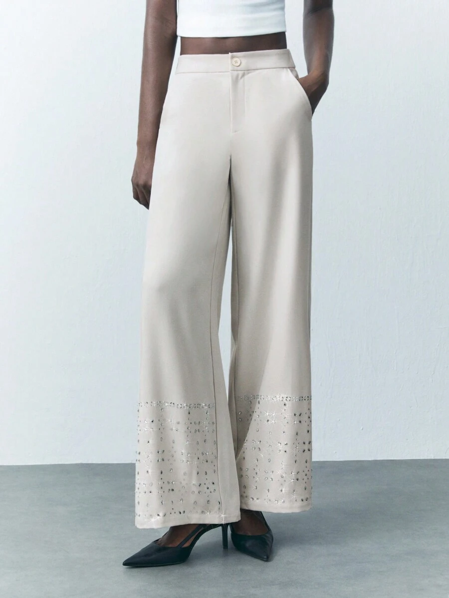 Maija Women's Wide Leg Loose Fit Elegant Office Trousers With Pockets & Rhinestone Decor