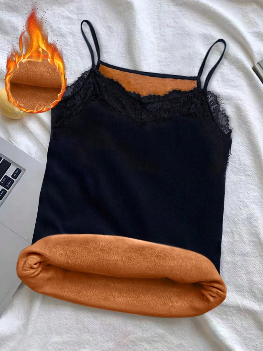 Chiquease Dames herfst/winter kanten versierde zijden gevoerde thermische basis camisole