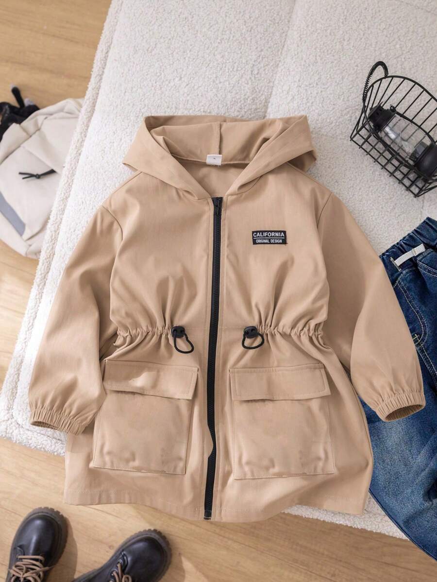 SHEIN Teen Boys' Casual Hooded Windbreaker, Khaki Jacquard Fabric With Elastic Pig Nose Buckle, Mid-Length With Pocket Pouch, Windproof, Suitable For Autumn/Winter Warmth, College/Everyday Wear, Sports, Versatile And Simple
