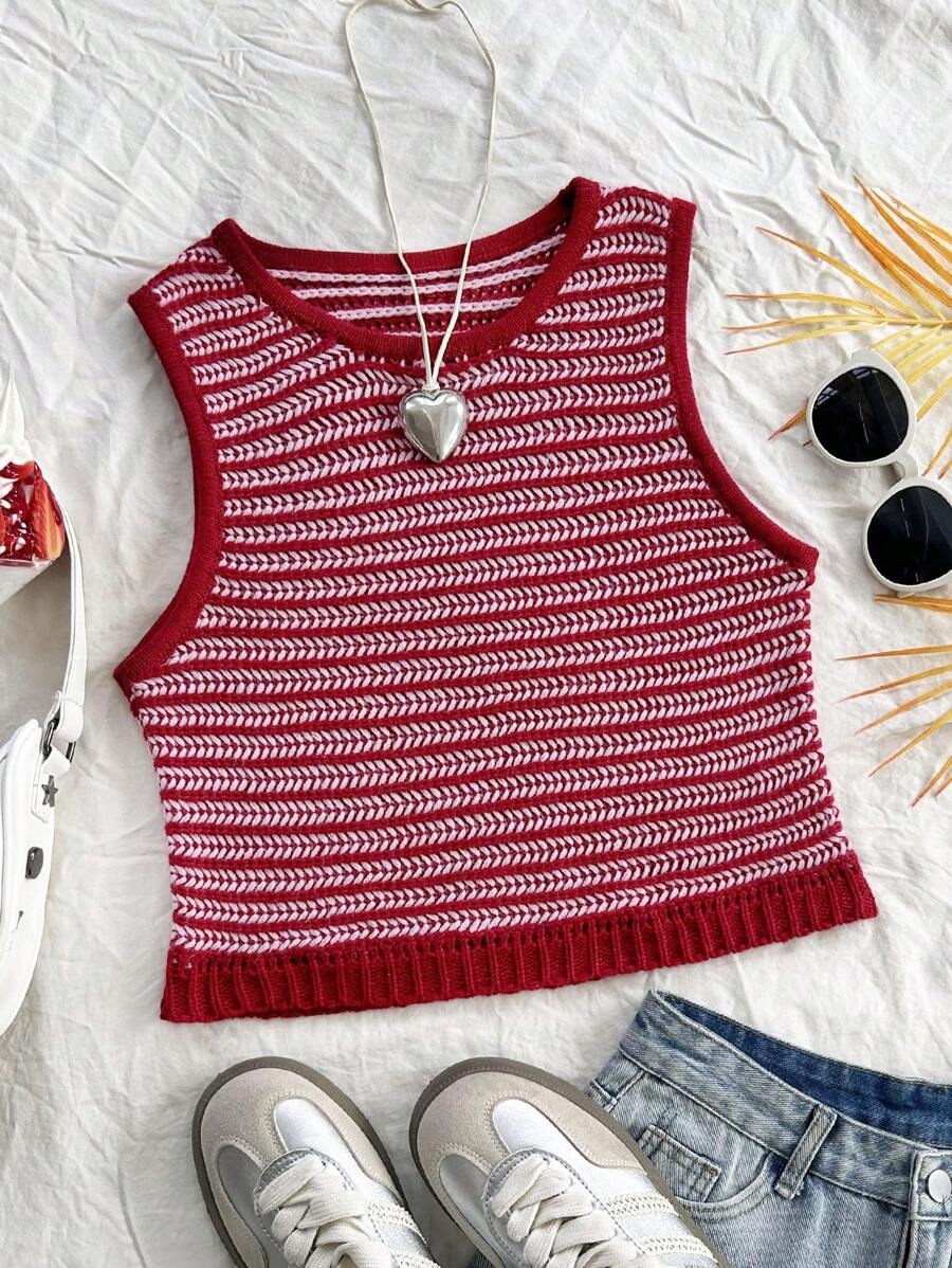 Soleia Camiseta de punto básica rosa con rayas y tela de punto acanalado para mujer con estilo de vacaciones