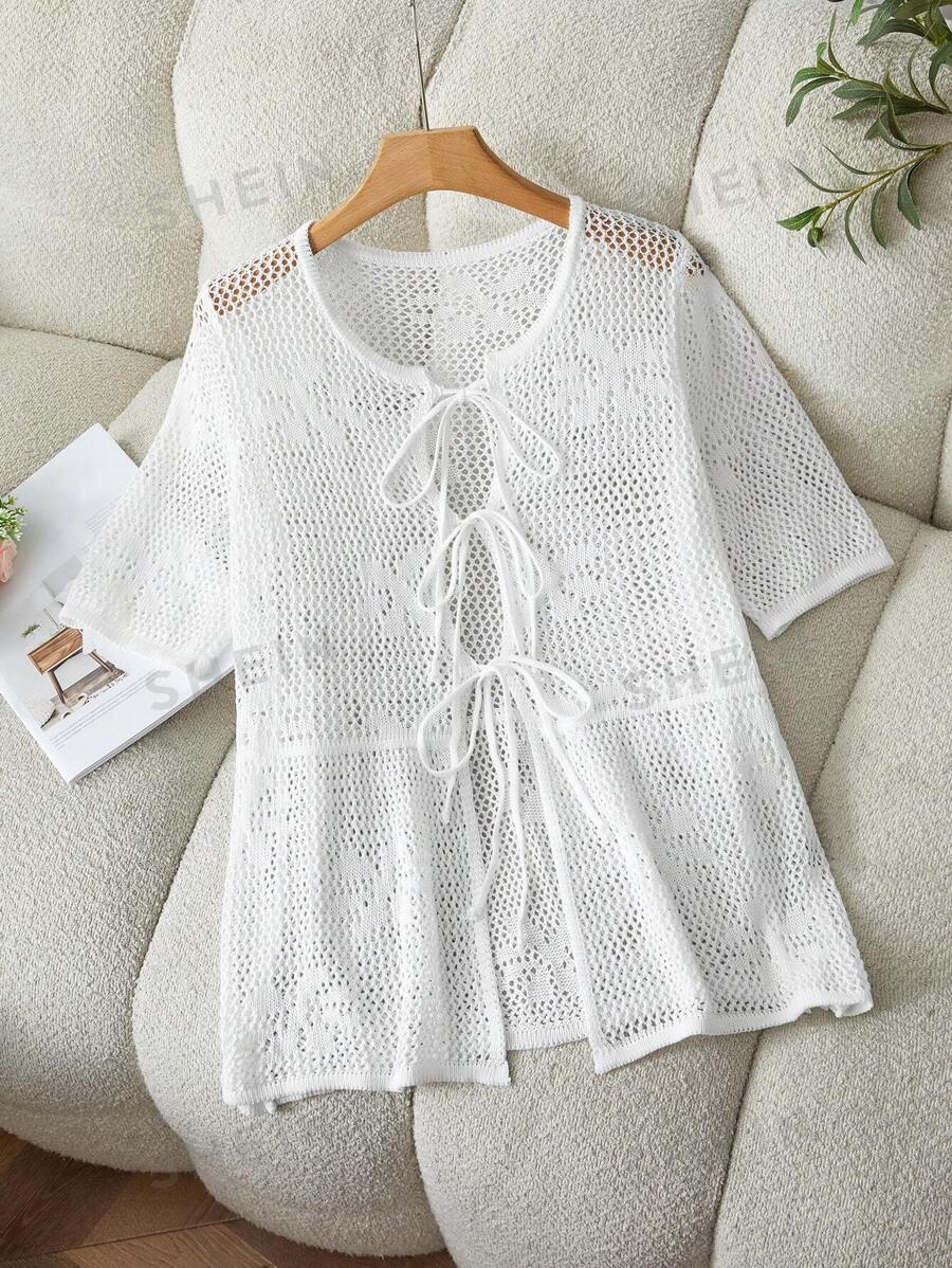 Flirla Blusa de punto de manga corta con diseño hueco, de unicolor y con lazo delantero, talla grande para mujer, para verano