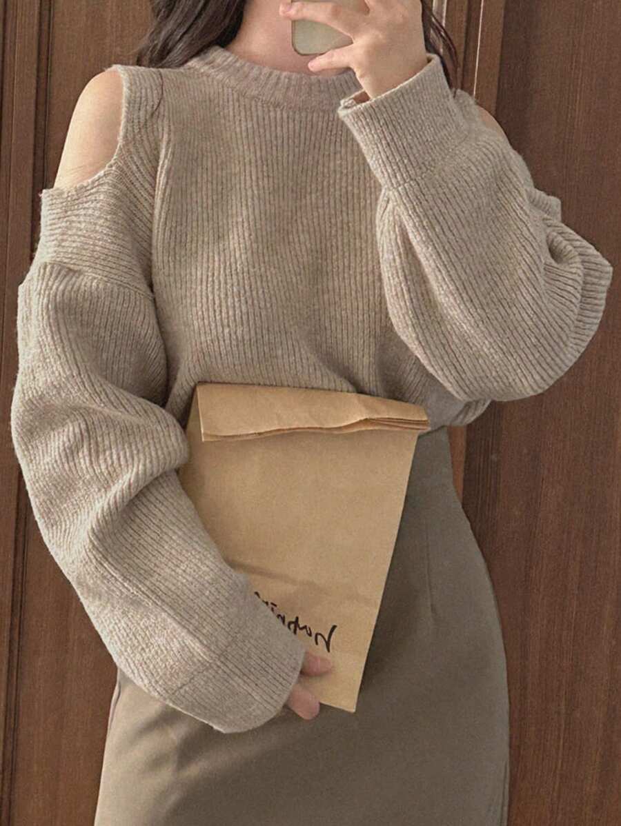 DAZY Women's Solid Color Open Shoulder Long Sleeve Sweater,Three Quarter Sleeve Tops
