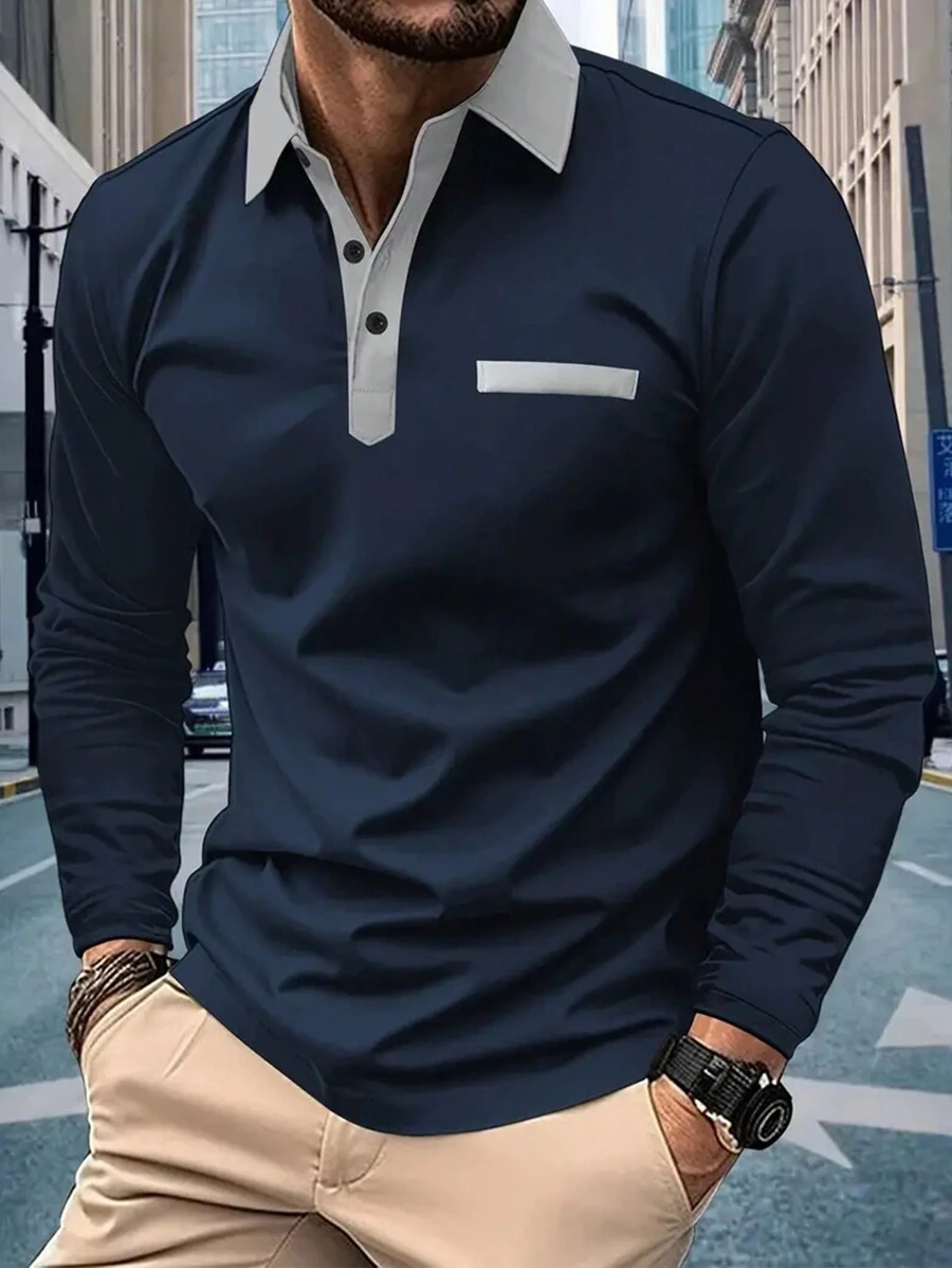 Manfinity Dauomo Camisa polo de manga larga de uso diario minimalista con colores contrastantes para hombres