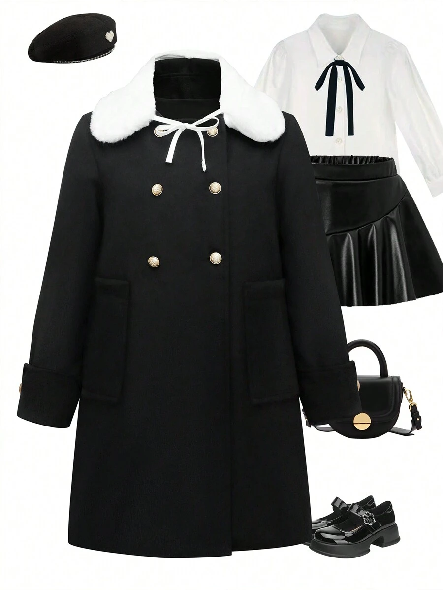 Tween Girls Casual Elegant College Style Bowknot Double-Breasted Jacket