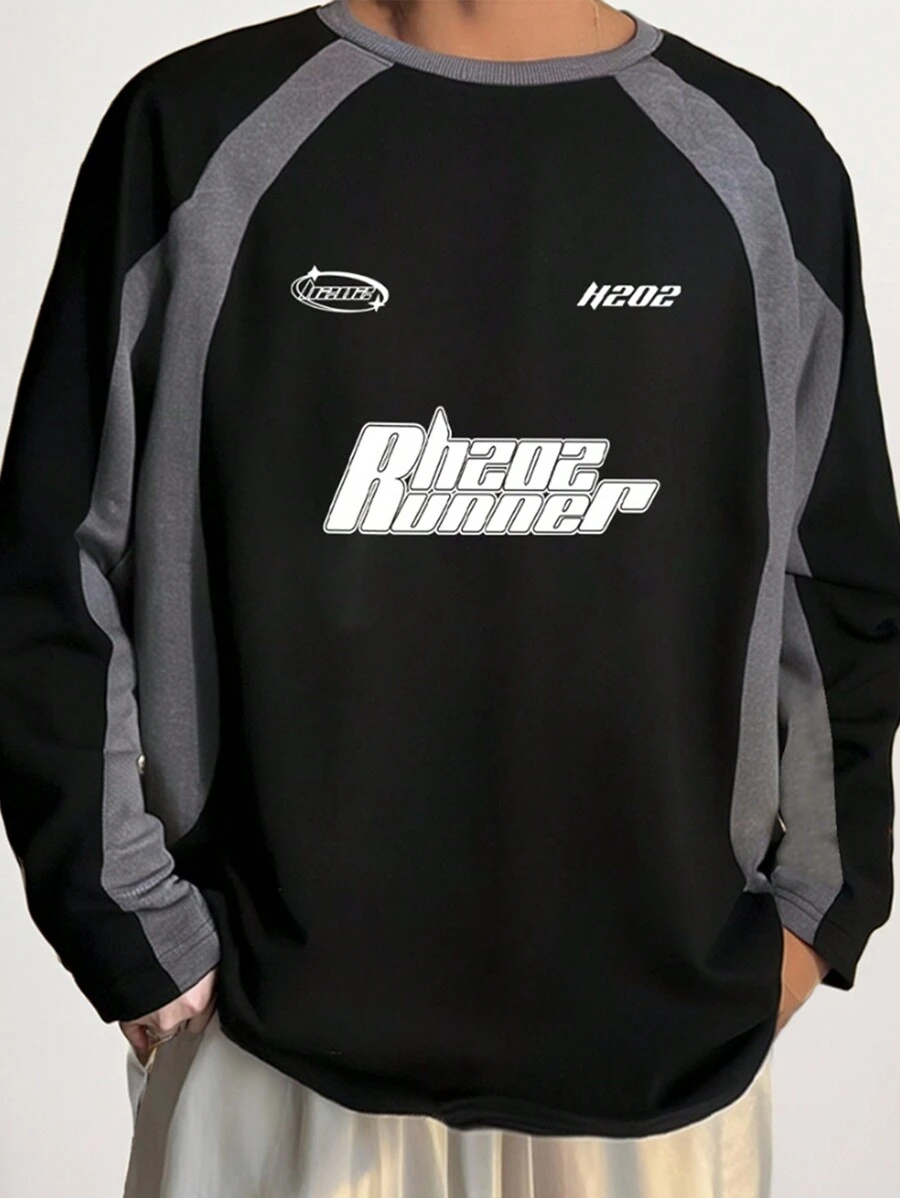 Manfinity Hypemode Sudadera holgada y casual de cuello redondo de manga larga con estampado de letras y bloques de color para hombre