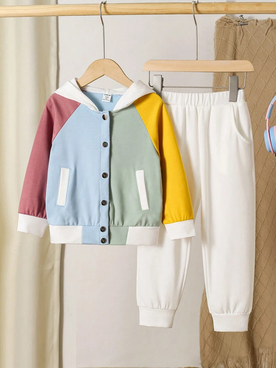 SHEIN 2 peças/conjunto de moletom com capuz e calças de cor sólida para meninas, casual, com blocos de cores, roupa esportiva, primavera e outono