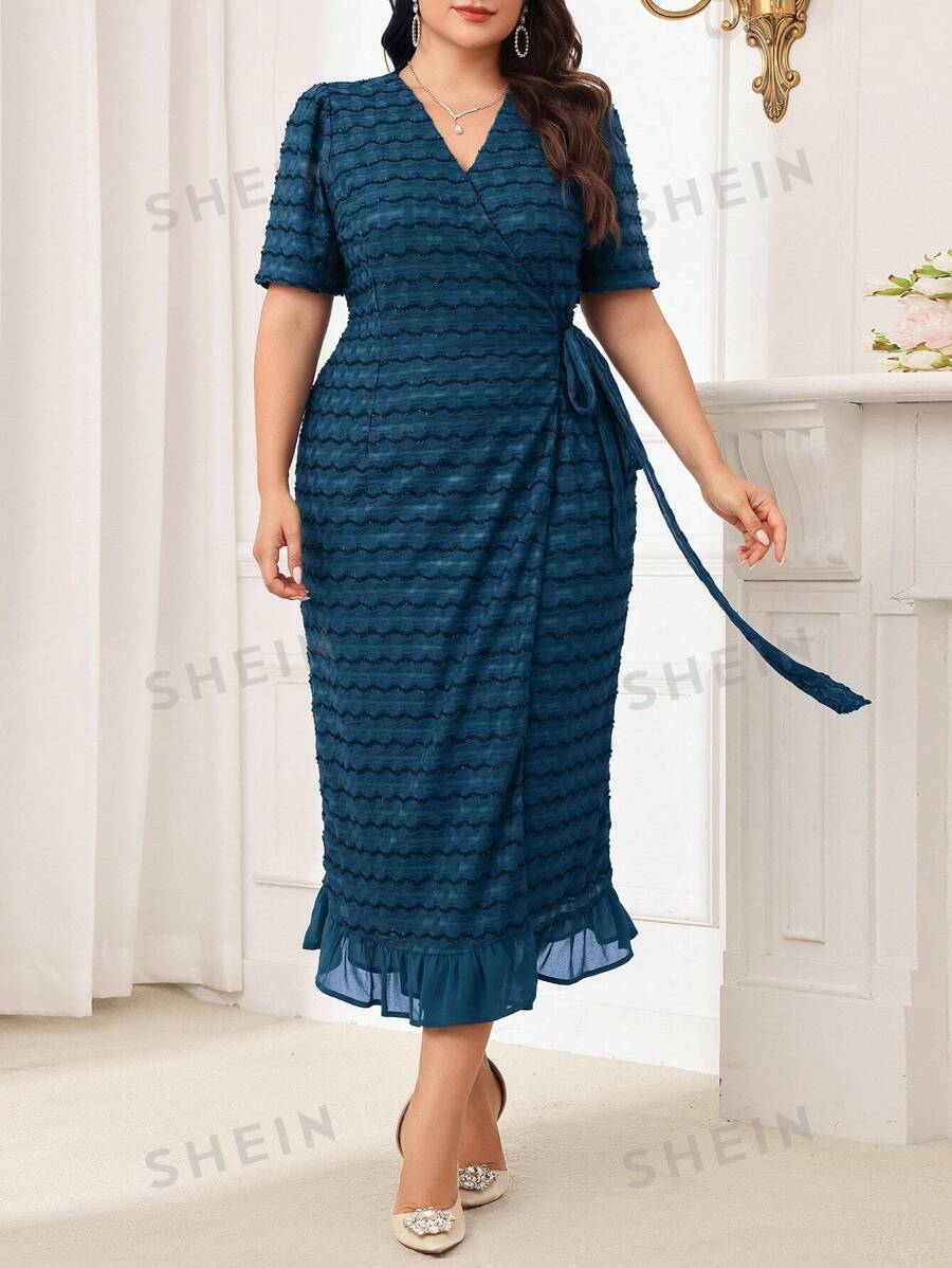 Modelyn Vestido elegante de talla grande para mujer con escote en V, parches de lentejuelas y cintura retorcida