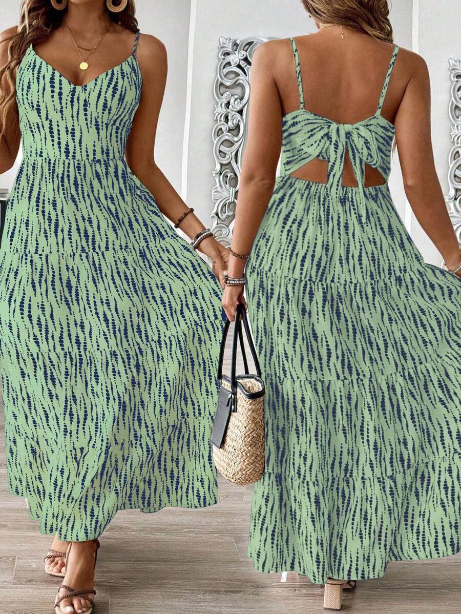 Breezaya Plus Size V-Neck Backless Tie Up Long Dress, Fashion Dress