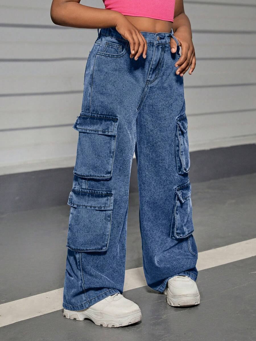 SHEIN Pantalones de carga de pierna recta de cintura alta con lavado de piedra y bolsillos con solapa utilitaria para niñas preadolescentes, conjunto de pantalones de otoño para niñas