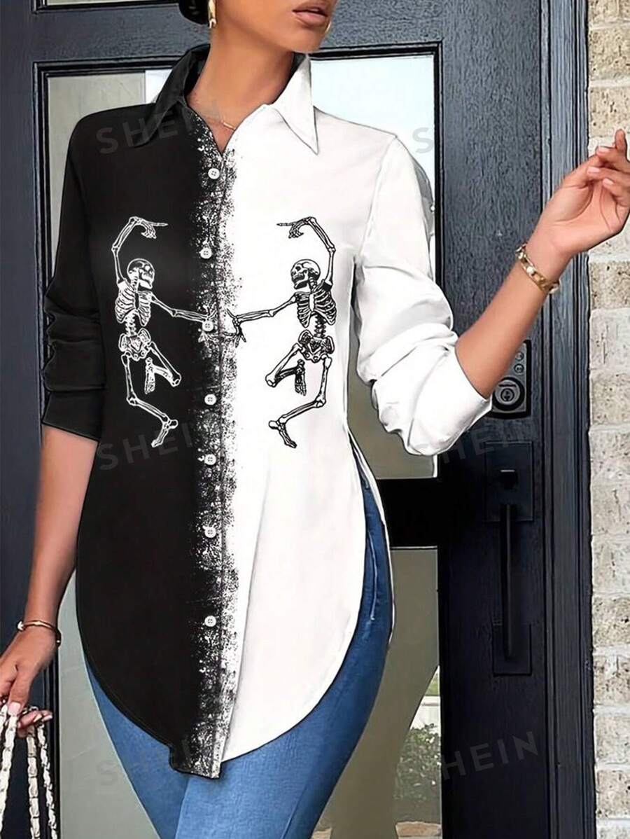 INAWLY Blusa de moda con diseño dividido de color block y manga larga con botones para mujer