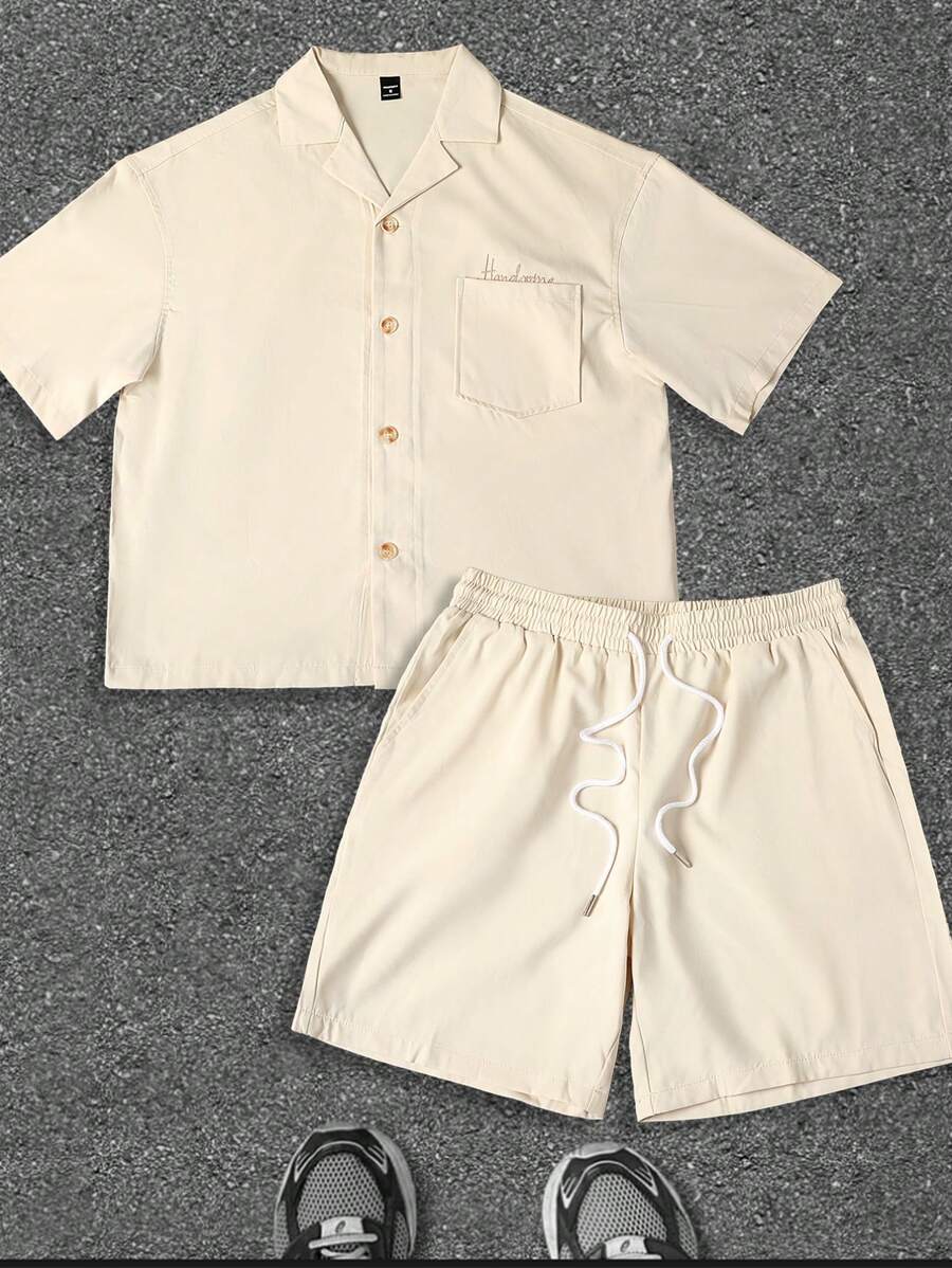 Manfinity Hypemode Solid Color Button Front Pocket Short Sleeve Shirt And Drawstring Waist Pocket Shorts Casual 2pcs Outfit