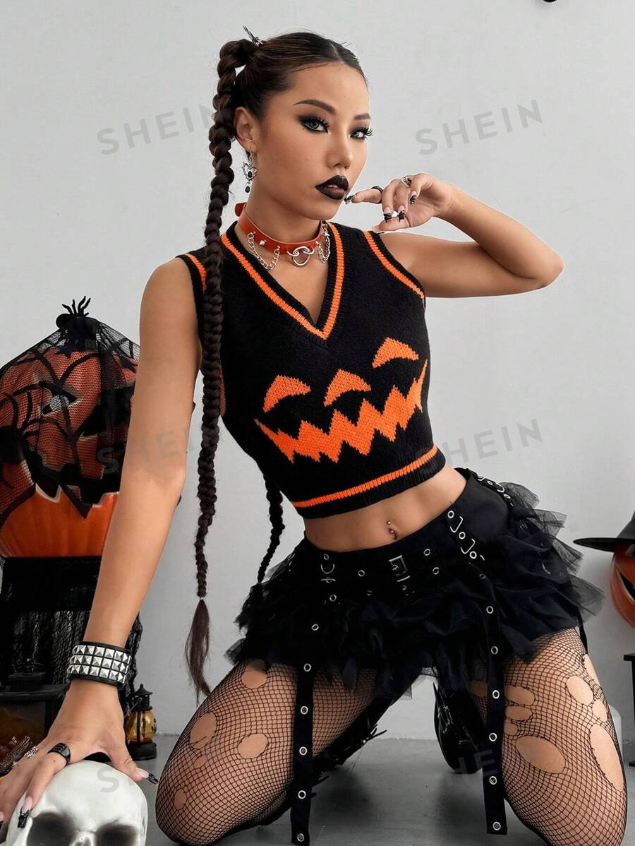 Flirla Chaleco informal sin mangas con estampado de calabaza para mujer, ropa de Halloween
