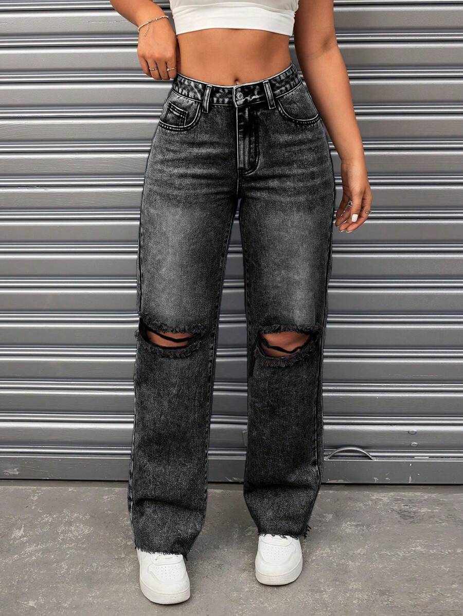 SHEIN ICON Mid-Waist Distressed Washed Straight-Leg Jeans