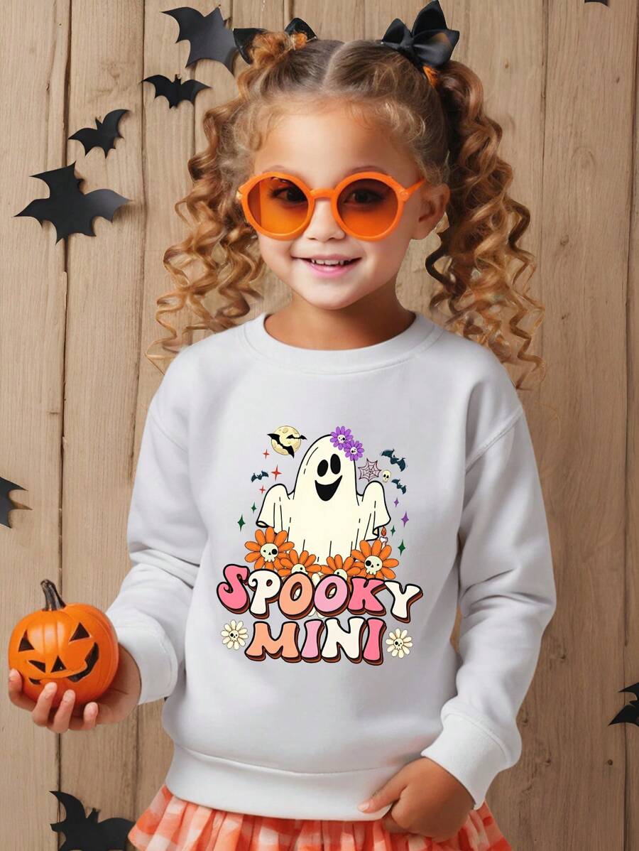 SHEIN Moletom com capuz fofo casual de Halloween para meninas, estampa de letras e fantasmas, outono-inverno (roupas combinando mãe e filha, 2 peças vendidas separadamente), para festa de Halloween