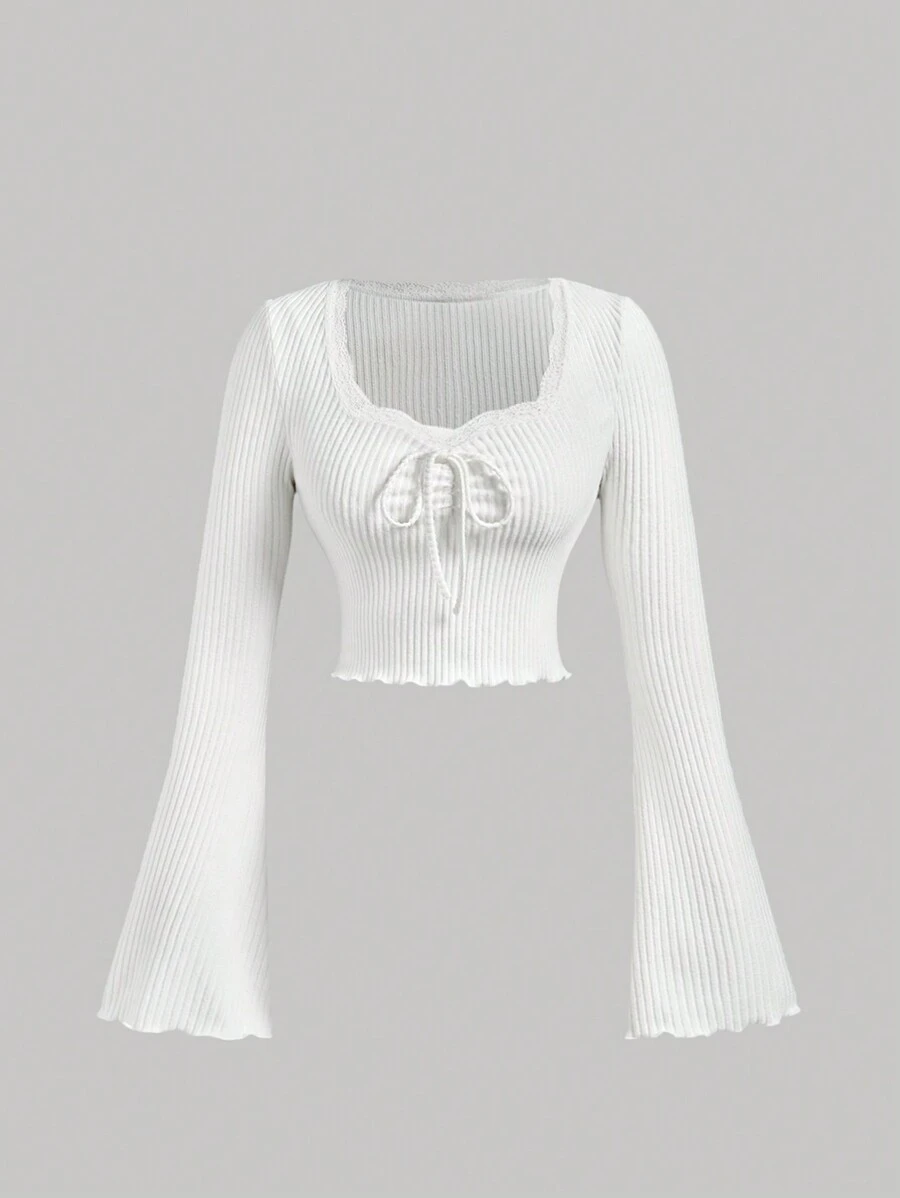 SHEIN MOD Women's White Square Collar Bell Sleeve T-Shirt,Fall Clothing,Halloween,White Bell Sleeves T-Shirt,Comfortable Long Sleeves,Going Out Tops,Fitted T Shirt,Tops With Sleeves,Christmas