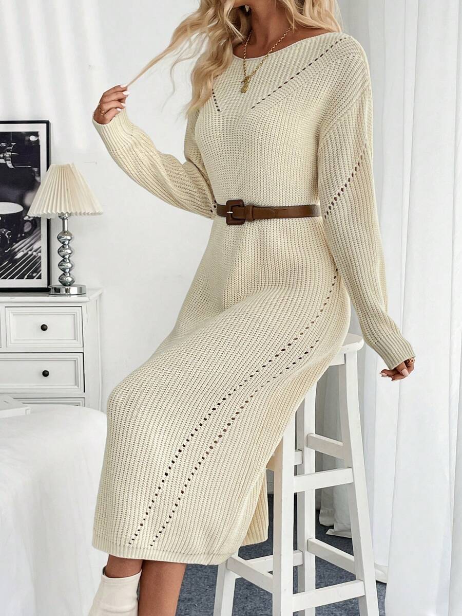 Chiquease Vestido de suéter casual de cuello redondo de manga larga de un solo color para mujer