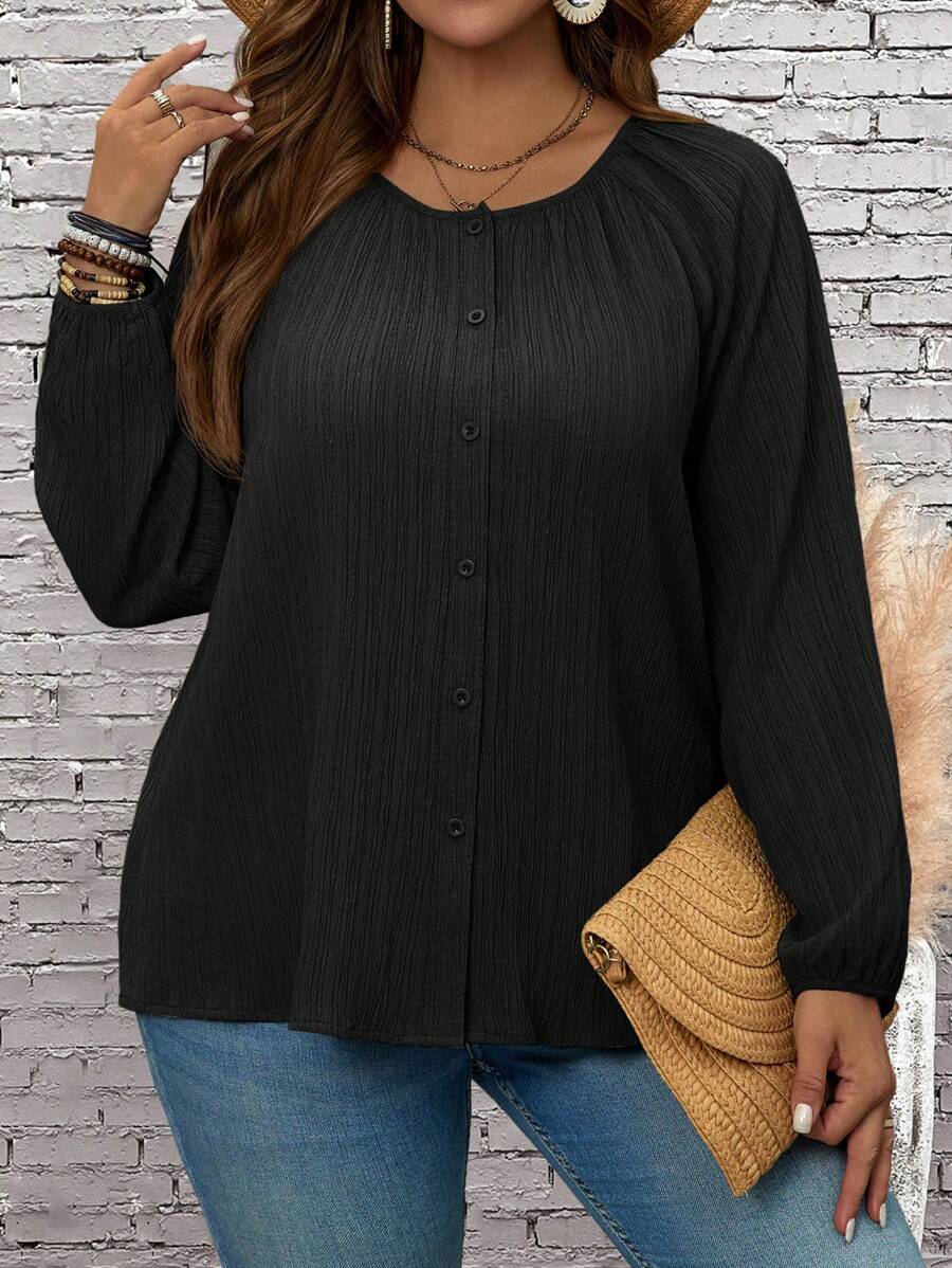 EMERY ROSE Koszula damska Plus Size z okrągłym dekoltem, guzikami z przodu i długim rękawem, prosta, swobodna