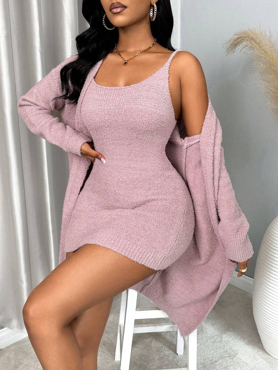 VaVaBold 1set Ladies' Solid Color Sweater Jacket And Slip Dress