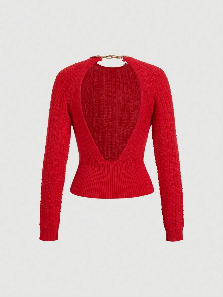 SHEIN MOD Fall Red Backless Metal Chain Detail Twist Sweater For Women,Elegant,Sexy, ,