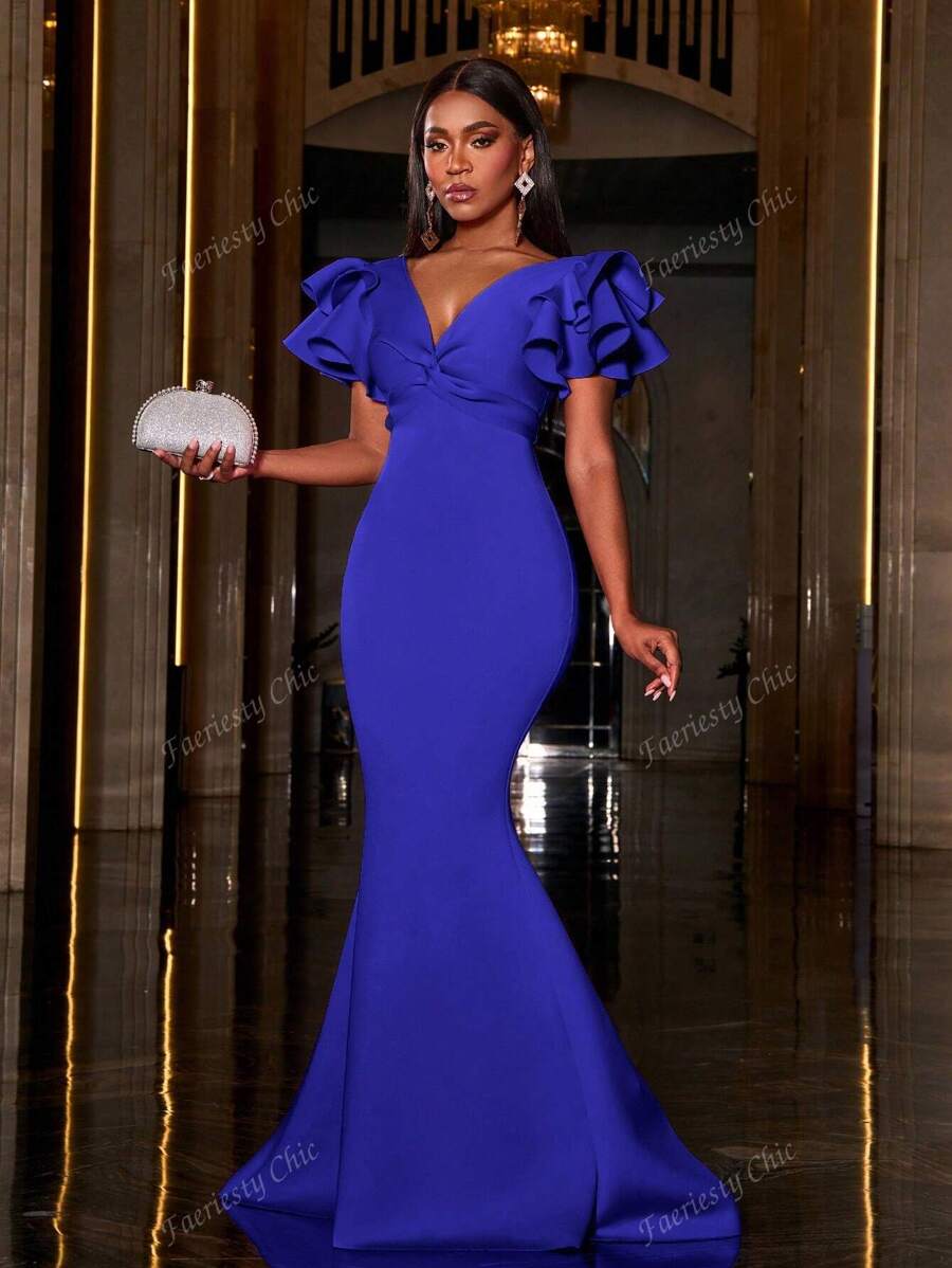 Faeriesty Twist Front Ruffle Sleeves Formal Mermaid Dress, Elegant Evening Gown, For Wedding Guest, Graduation, Dinner Party Dress