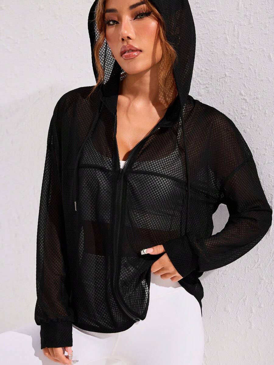 SHEIN Sport Studio Spring & Summer Casual Solid Color Sheer Hooded Sports Jacket
