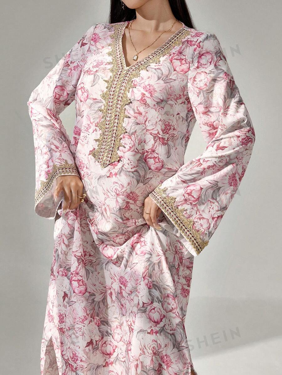 Al Najma Vestido largo con estampado floral, parche de ganchillo, manga larga, elegante y modesto en forma de línea A, vestido tipo kaftan y jalabiya, para fiesta de noche/invitado de boda/aniversario/uso diario