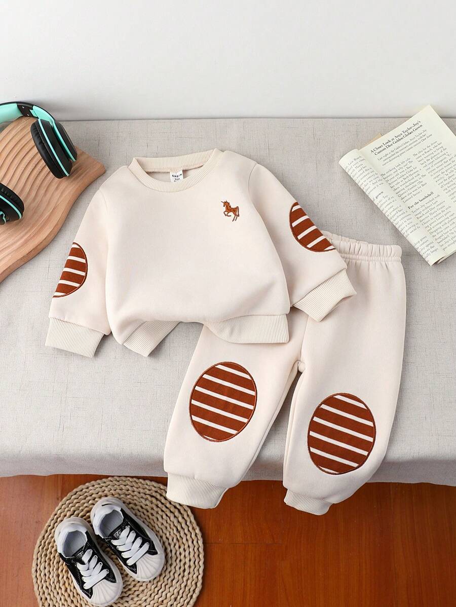 2pcs Baby Boys Casual Khaki Golf & Horse Embroidery Sweatshirt And Sweatpants Set, Suitable For Outings, Gatherings And Photo Shoots In Autumn And Winter