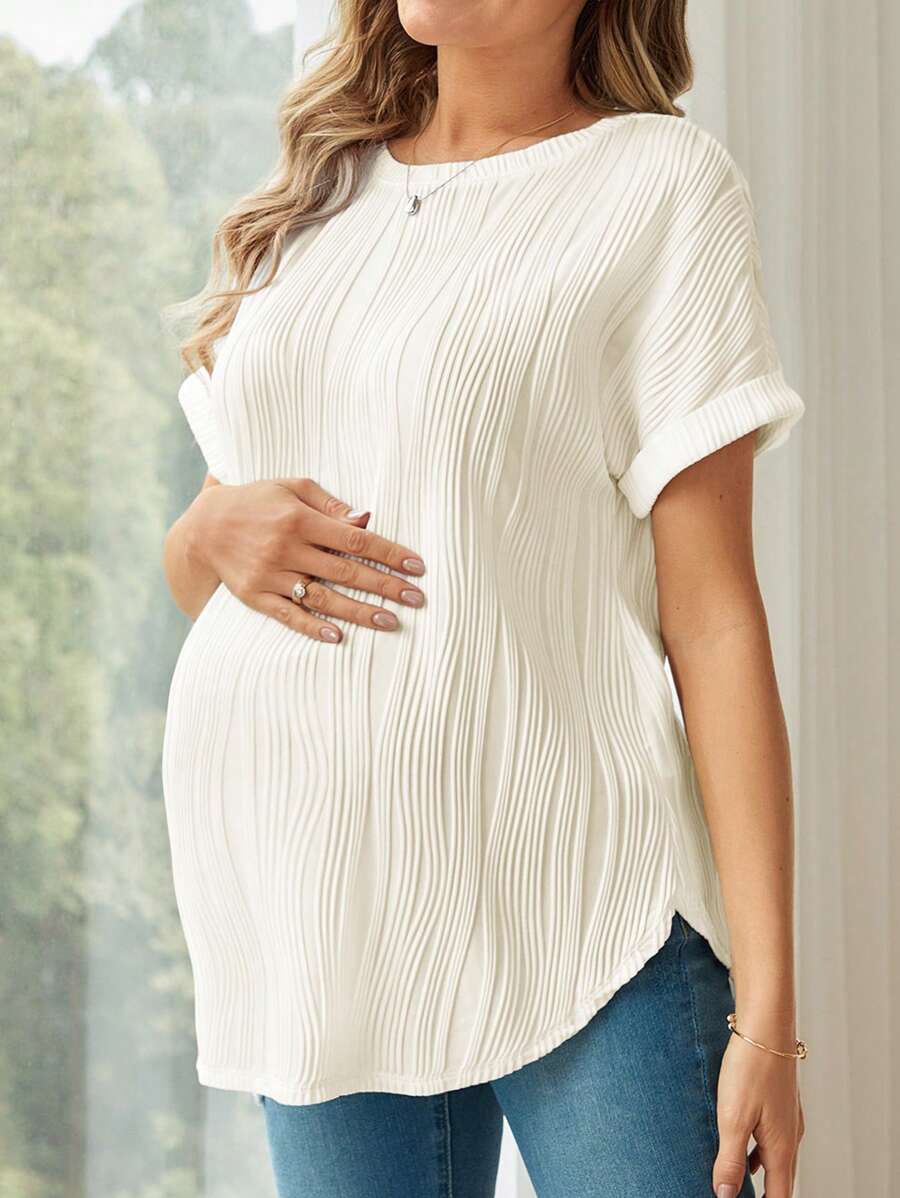 SHEIN Chemise de grossesse ample à col rond à manches courtes de longueur longue, été