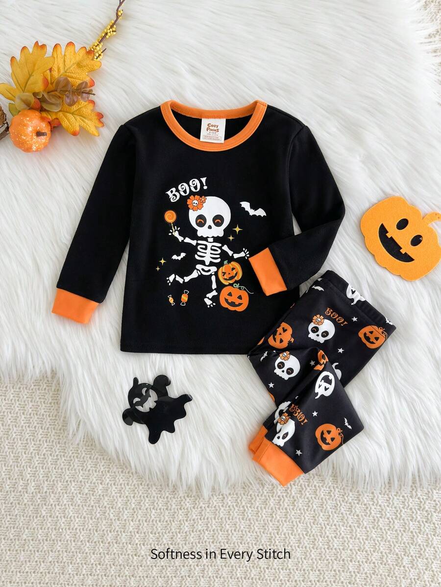 Cozy Pixies 2 piezas Conjunto de pijama niña bebé con parte superior de manga larga con cuello redondo y estampado de letra en contraste y pantalón largo, Halloween