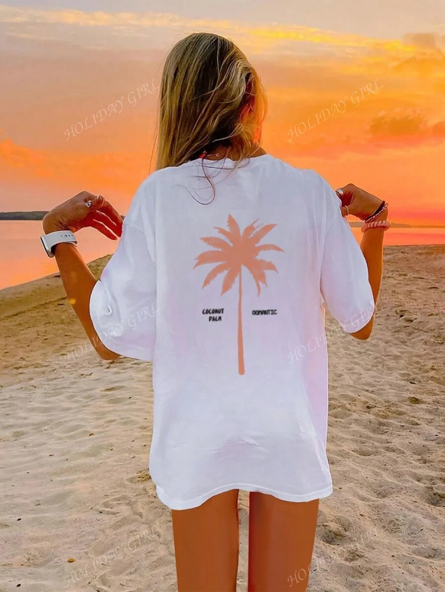 Camiseta de manga corta con cuello redondo y estampado de lema de palmera de estilo de vacaciones de verano para mujer, versátil y apropiada para uso diario. Camiseta gráfica para mujer, top blanco, top negro