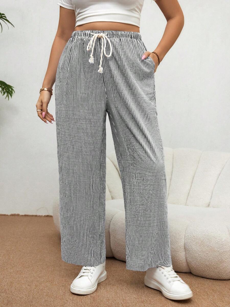 SHEIN Essnce Plus Size Dames Blauw & Wit Gestreepte Losse Casual Broek