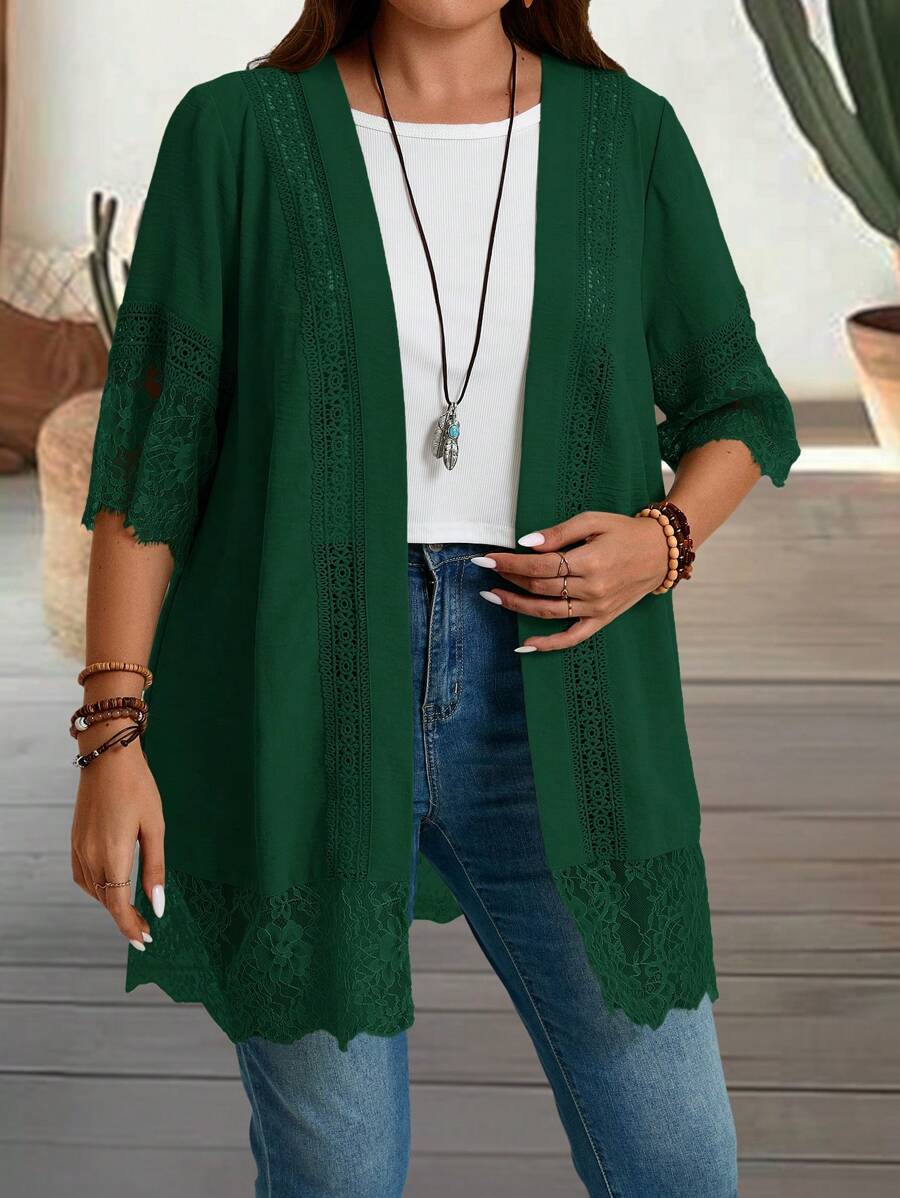 EMERY ROSE Cárdigan de diseño de encaje simple de moda de verano para mujer talla grande del campo