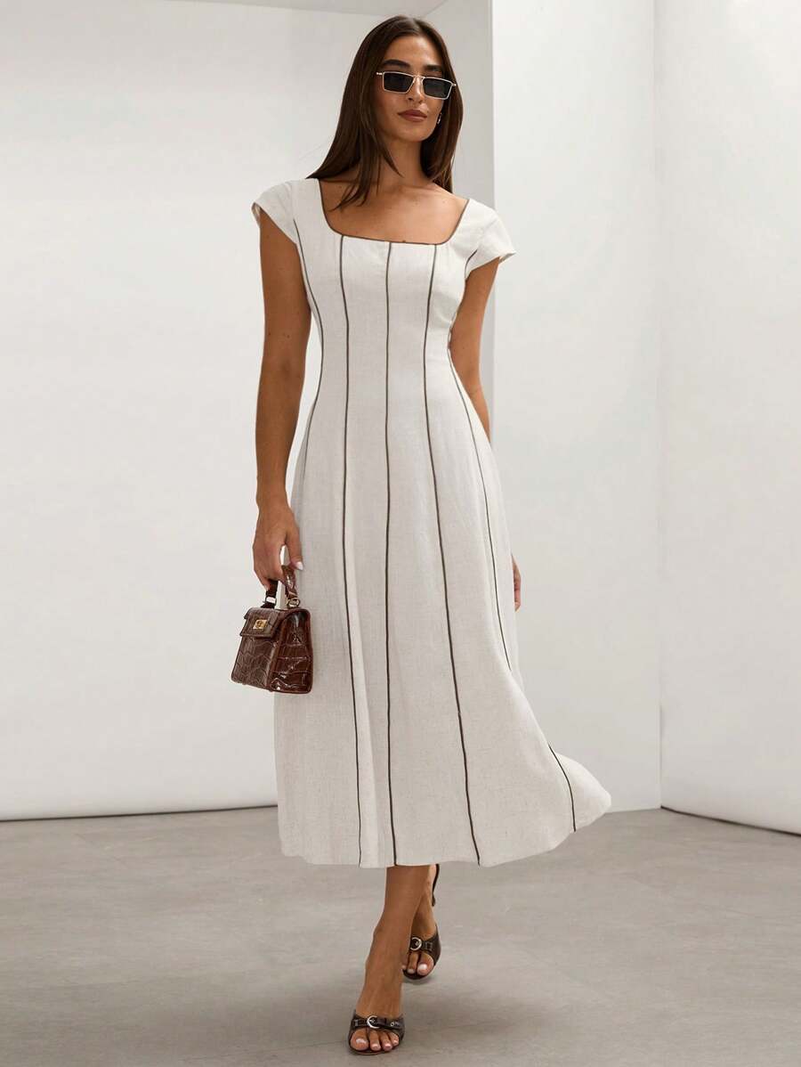 COSMINA Cream-Color Linen Blend Color Block Fitted Sleeveless A-Line Old Money Style Elegant Dress For Women, Spring/FAll,Sun Dress,Summer Dresses For Women
