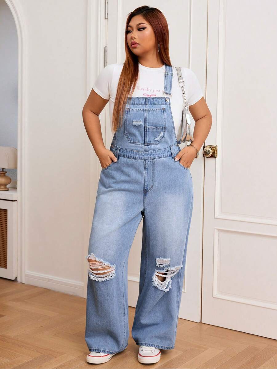 SHEIN EZwear Plus Size Retro Ripped Denim Overalls With Strap Design, Casual Streetwear