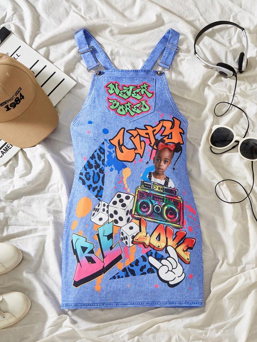 Meninas (grande) 2024 novo streetwear legal menina carta & graffiti impressão denim pinafore vestido
